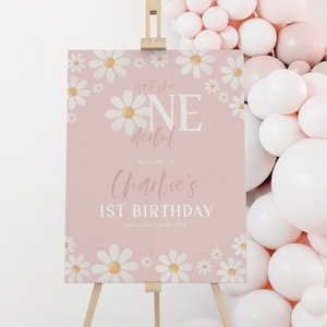 Daisy Welcome Sign Printable, Daisy Flower 1st Birthday Welcome Sign, 1st Birthday Sign, Pink Floral Welcome Sign, Onederful 1st Birthday