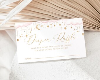 Moon Stars Diaper Raffle Card, Pink Over the Moon Baby Shower Diaper Raffle Card, Editable Template, Printable, Nappy, Twinkle, Girl Baby