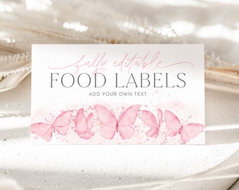 Peut inclure: Un modèle d'étiquette alimentaire imprimable avec le texte "fully editable FOOD LABELS ADD YOUR OWN TEXT" et un motif de papillon rose aquarelle.