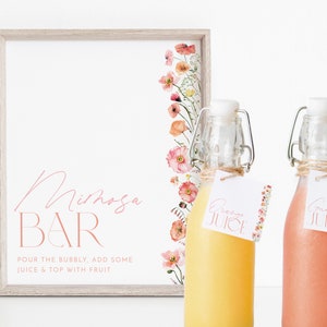 Mimosa Bar Juice Drink Tags - Mimosa Bar Labels for Bubbly Champagne Bars  at Bridal Shower, Party, Tropical Pink Flowers & Greenery, Kaitlin