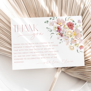 Floral Thank You Card Template, Printable Thank You Card Instant Download Thank You Card, Bridal Shower Thank You, Pink Flower Thank You