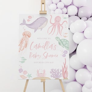 Under the Sea Welcome Sign Printable, Ocean Animals Baby Shower Welcome Sign, Sea Animals Welcome Sign, Girl Baby Shower Welcome Sign Pink