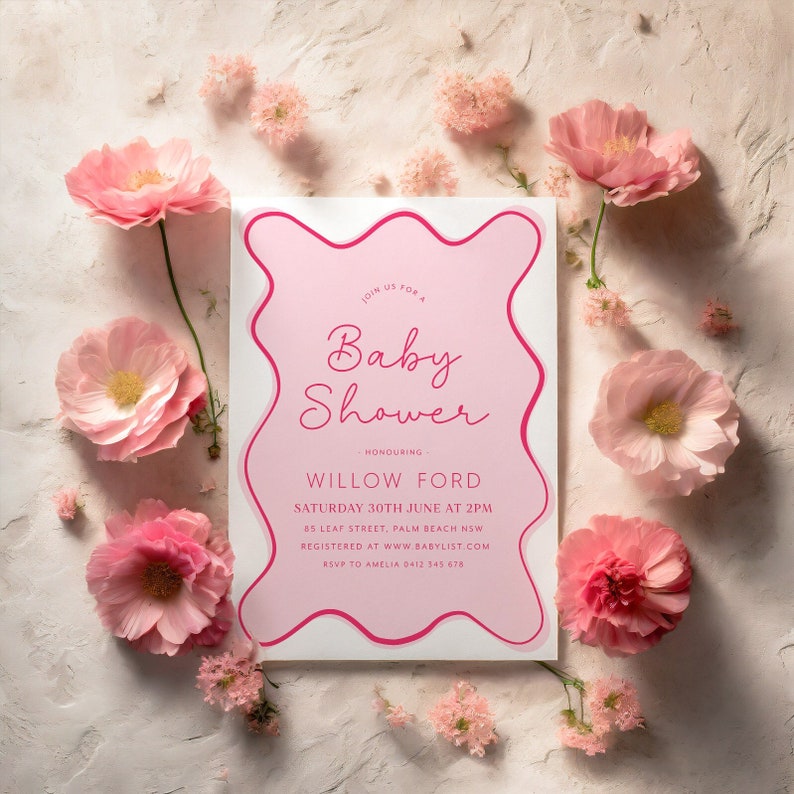 Wavy Baby Shower Invitation, Pink Wavy Invitation, Curve Invite, Wave Invitation, Modern Baby Shower, Hot Pink Baby Shower, Baby Girl Shower image 1