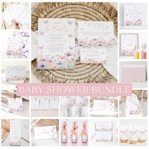 May include: A baby shower bundle with a butterfly theme. The bundle includes invitations, food labels, a diaper raffle card, a sign, a thank you card, and other decorations. The colors are pink, purple, and green.