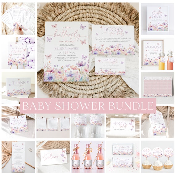 Butterfly Baby Shower Invitation Bundle, Printable Baby Shower Butterfly Invitation Editable Games, Baby Shower Decorations Pink Butterflies