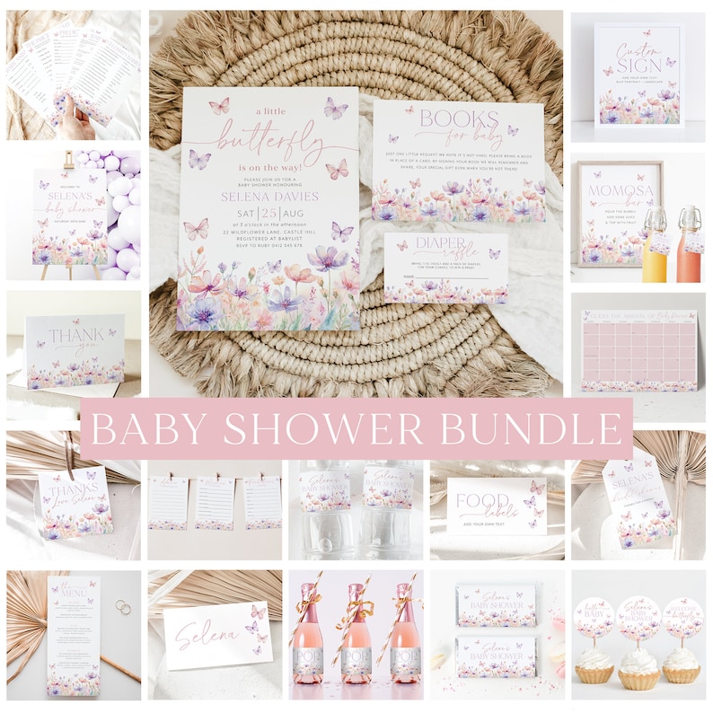 May include: A baby shower bundle with a butterfly theme. The bundle includes invitations, food labels, a diaper raffle card, a sign, a thank you card, and other decorations. The colors are pink, purple, and green.