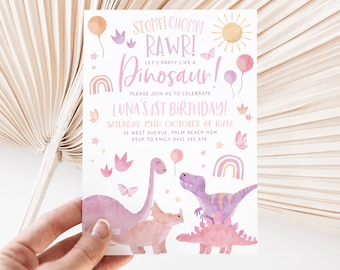 Dinosaur 1st Birthday Invitation Girl, Dinosaur First Birthday, Dinosaur Birthday, Printable Invitation Template, 1st Birthday Girl Dino
