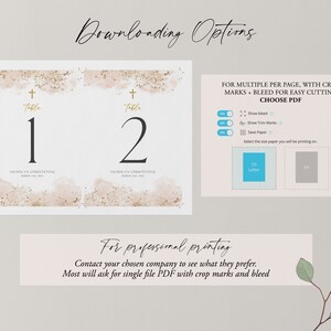 May include: Two printable table number cards with a watercolor background in shades of pink and gold glitter. The cards are numbered 1 and 2 and have the text "Table" and "Nicholas's Christening" on them.