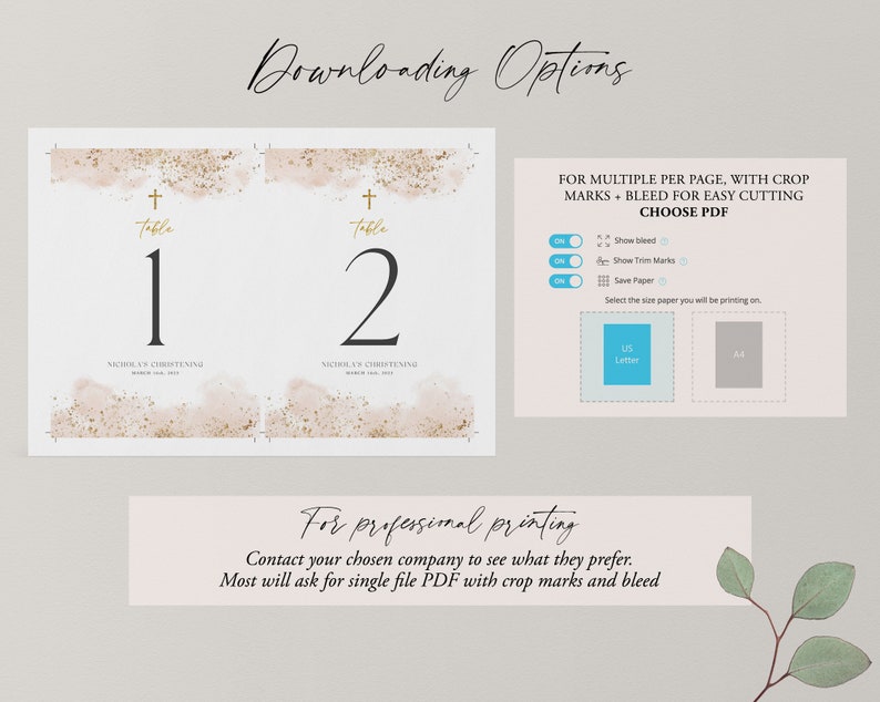 May include: Two printable table number cards with a watercolor background in shades of pink and gold glitter. The cards are numbered 1 and 2 and have the text "Table" and "Nicholas's Christening" on them.