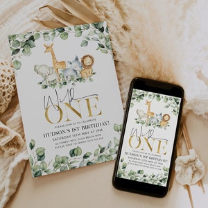 May include: A digital and printed invitation for a first birthday party with a jungle theme. The invitation features a gold number one with the text "Please join us to celebrate Hudson's 1st Birthday!" and a watercolor illustration of a giraffe, elephant, lion, and monkey.