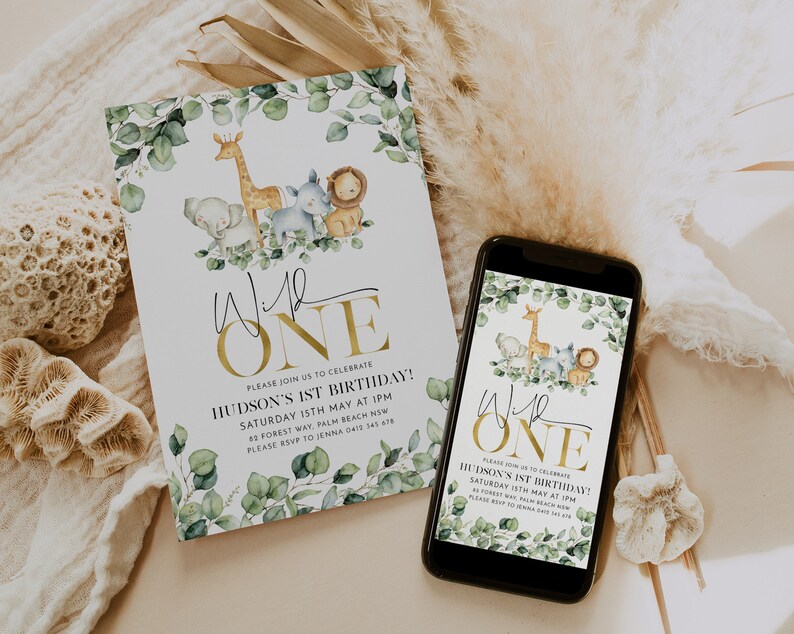 May include: A digital and printed invitation for a first birthday party with a jungle theme. The invitation features a gold number one with the text "Please join us to celebrate Hudson's 1st Birthday!" and a watercolor illustration of a giraffe, elephant, lion, and monkey.