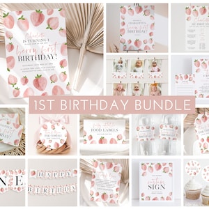 Berry First Birthday Invitation Bundle, Printable Strawberry Invitation 1st Birthday, Berry Birthday Decorations, Printable First Birthday image 1