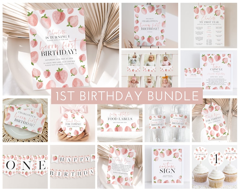Berry First Birthday Invitation Bundle Printable Strawberry Invitation 1st Birthday Berry Birthday Decorations Printable
