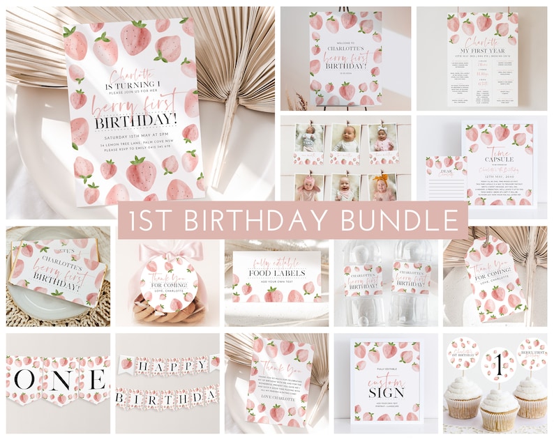 Berry First Birthday Invitation Bundle, Printable Strawberry Invitation 1st Birthday, Berry Birthday Decorations, Printable First Birthday image 1