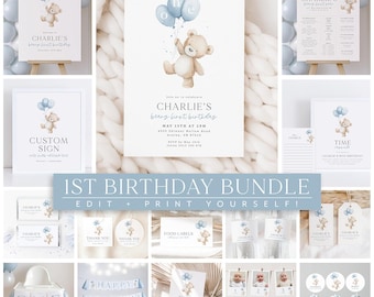 Beary First Birthday Invitation Bundle, 1st Birthday Boy, First Birthday Decorations, Bear Birthday Invite, Teddy Bear Party Decoration Blue