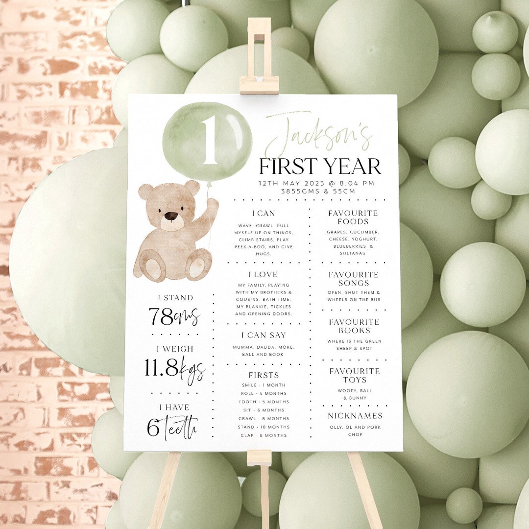 Beary First Birthday Milestone Sign Sage Green, Bear 1st Birthday ...