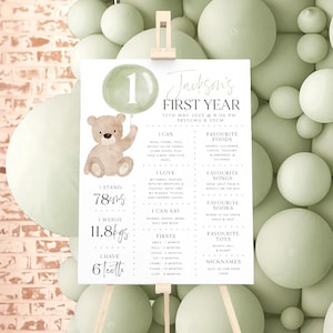 Beary First Birthday Milestone Sign Sage Green, Bear 1st Birthday Milestone Board, Baby First Birthday Milestone Sign 1st Birthday Bear Sage
