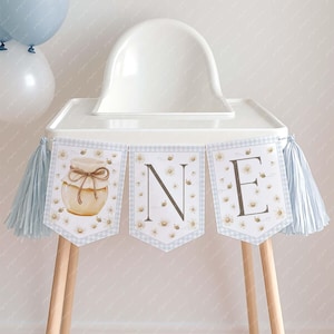 Bee High Chair Banner Printable, ONE Banner For High Chair, Birthday Decor, Bee 1st Birthday High Chair Banner Blue Gingham Bee Little Honey
