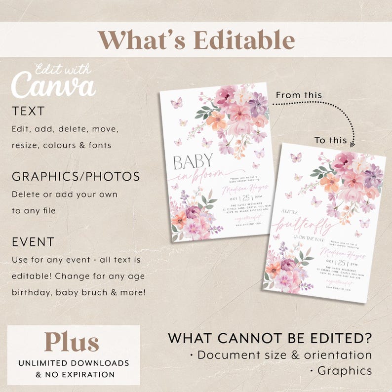 Pu&ograve; includere: Modello di invito per baby shower modificabile con un design floreale con farfalle e il testo "Baby in Bloom". Il modello &egrave; personalizzabile con testo, colori e font. &Egrave; possibile aggiungere o eliminare grafica e foto. Il modello &egrave; disponibile per download illimitati senza scadenza.