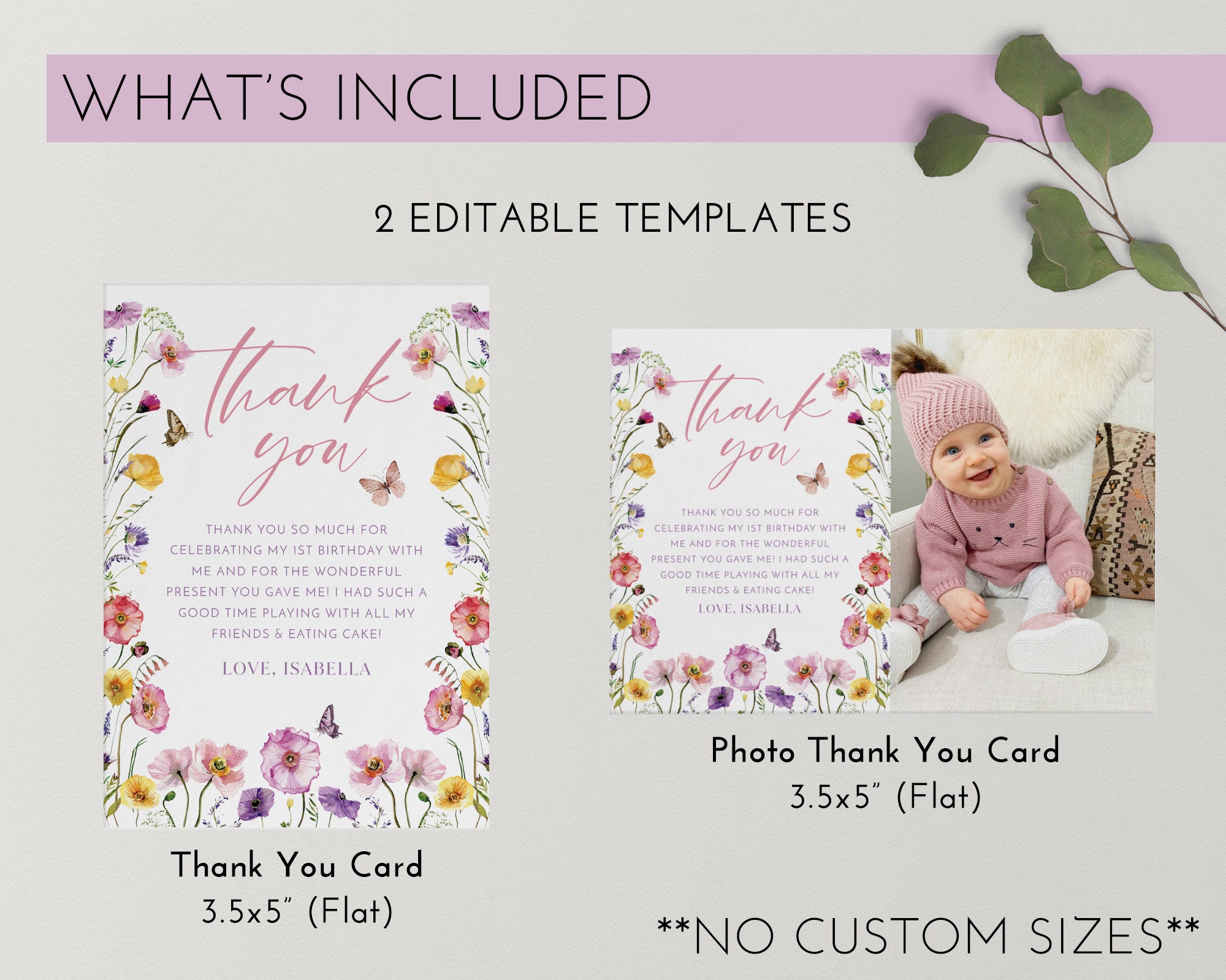 Wildflower Birthday Thank You Card Template, Printable Thank You Card ...