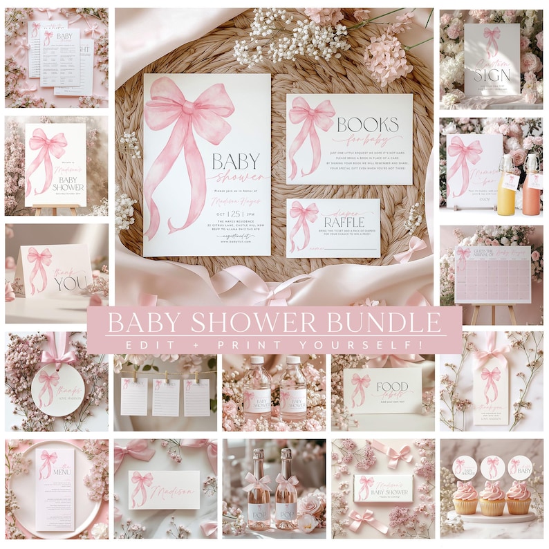 May include: A pink and white baby shower bundle with a watercolor bow design. The bundle includes invitations, a sign, food labels, and other printable items. The text "BABY SHOWER BUNDLE" and "EDIT + PRINT YOURSELF!" is featured on the image.