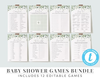 Baby Shower Games, Greenery Baby Shower Games, Editable Games, Printable Games, Games Pack, Celebrity, Names, Price is Right, Bingo, BS02