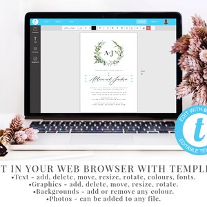 May include: A laptop computer displaying a wedding invitation template on the screen. The invitation features a wreath of green leaves and the text "AJ" in the center. The text "Athurist and Jackson" is below the wreath. The text "EDIT WITH TEMPLETT" is in a blue circle with a white "t" in the center. The text "EDITABLE TEMPLATE" is below the circle.