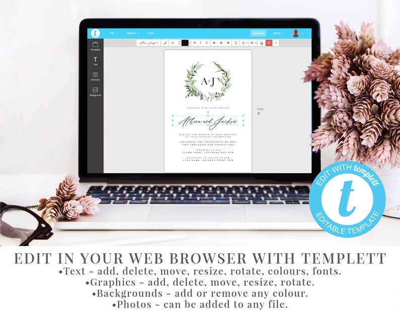 May include: A laptop computer displaying a wedding invitation template on the screen. The invitation features a wreath of green leaves and the text "AJ" in the center. The text "Athurist and Jackson" is below the wreath. The text "EDIT WITH TEMPLETT" is in a blue circle with a white "t" in the center. The text "EDITABLE TEMPLATE" is below the circle.