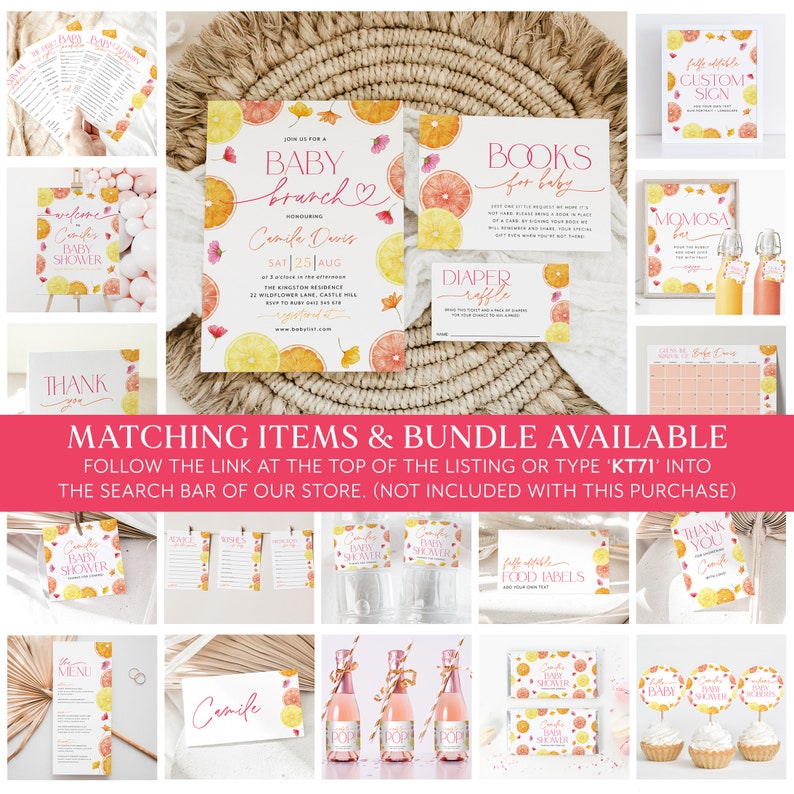 May include: A set of printable baby shower party decorations featuring a citrus theme with yellow, orange, and pink colors. The set includes invitations, food labels, a diaper raffle card, a welcome sign, a thank you sign, and a books for baby sign.
