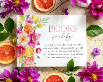 Citrus Books For Baby Card Printable, Book Request Card, Citrus Baby Shower Books, Purple Pink Flowers, Bright Orange Slices, Main Squeeze