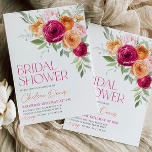 May include: A white bridal shower invitation with a floral design featuring pink, orange, and red flowers. The text on the invitation reads "Bridal Shower" and "Please join us in honor of Chelsea Davis" with the date and time of the event. RSVP information is included at the bottom.