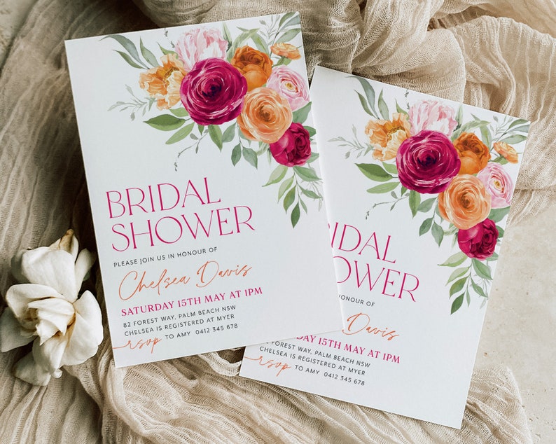 May include: A white bridal shower invitation with a floral design featuring pink, orange, and red flowers. The text on the invitation reads "Bridal Shower" and "Please join us in honor of Chelsea Davis" with the date and time of the event. RSVP information is included at the bottom.