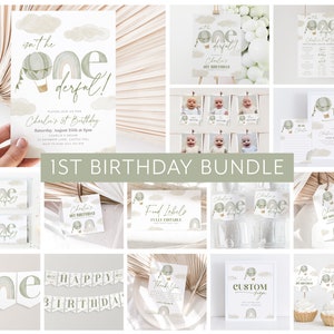 Mr Onederful 1st Birthday Invitation Bundle, Hot Air Balloon Birthday Invitation, 1st Birthday Boy, Rainbow 1st Birthday Decor Sage Green
