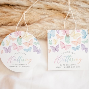 Rainbow Butterfly Favor Tag, Birthday Thank You Tags, Pastel Butterflies Birthday Gift Tags, Girl 1st Birthday, Butterfly 1st Birthday Tags