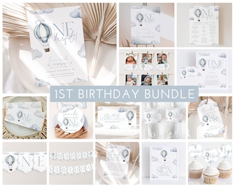 Mr Onederful Birthday Invitation Bundle, Blue Hot Air Balloon 1st Birthday Boy, Onederful Invitation, Hot Air Balloon Birthday Decorations