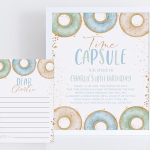 Donut Time Capsule, 1st Birthday Time Capsule Sign, Time Capsule Template, Donut Grow Up, Donut 1st Birthday, Donut Party Decorations Blue