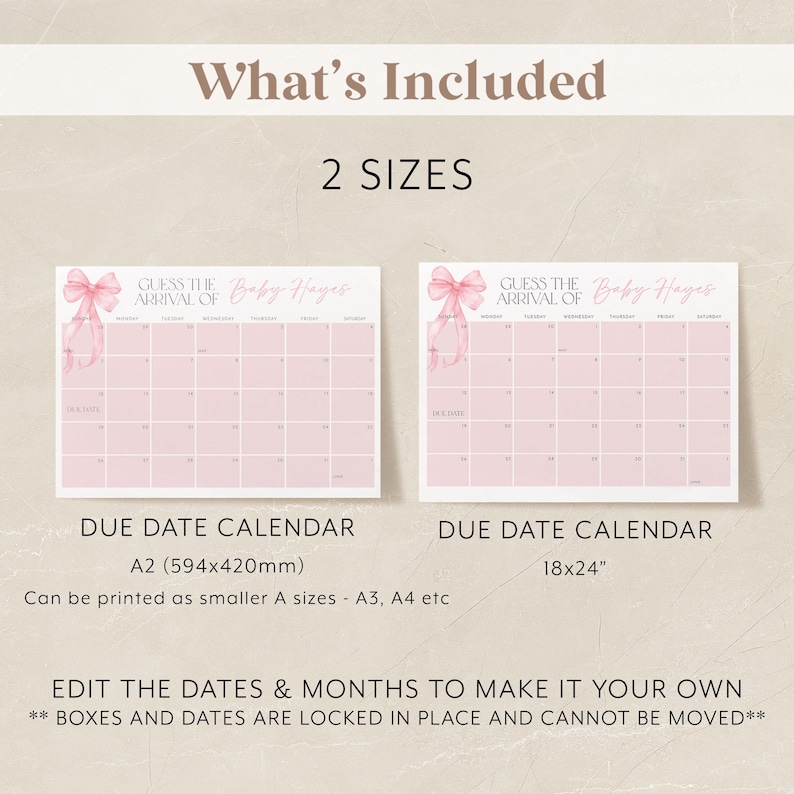 Pode incluir: Um jogo de ch&aacute; de beb&ecirc; imprim&iacute;vel rosa e branco com um la&ccedil;o rosa e o texto "Adivinhe a chegada do Baby Hayes". O jogo &eacute; um calend&aacute;rio com os meses do ano e os dias da semana. O calend&aacute;rio est&aacute; dispon&iacute;vel em dois tamanhos: A2 (594x420 mm) e 18x24 polegadas. O texto "Edite as datas e os meses para torn&aacute;-lo seu" e "As caixas e as datas est&atilde;o bloqueadas e n&atilde;o podem ser movidas" tamb&eacute;m est&aacute; inclu&iacute;do.
