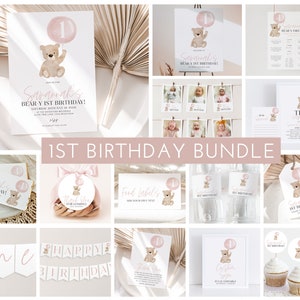 Bear Birthday Invitation Bundle, Beary First Birthday Invitation, Pink Bear Invitation, Bear 1st Birthday Decorations Pink Girl, Pink Bundle