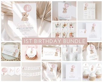 Bear Birthday Invitation Bundle, Beary First Birthday Invitation, Pink Bear Invitation, Bear 1st Birthday Decorations Pink Girl, Pink Bundle