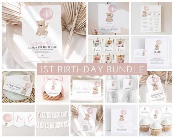 Bear Birthday Invitation Bundle, Beary First Birthday Invitation, Pink Bear Invitation, Bear 1st Birthday Decorations Pink Girl, Pink Bundle