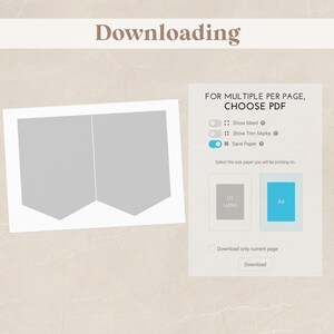 May include: A screen showing a preview of two printable, gray, arrow-shaped banners. The screen has options to show bleed, trim marks, and save paper. The user can choose to print on US Letter or A4 paper. The screen also has an option to download only the current page.