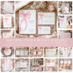 Pode incluir: Convite de ch&aacute; de beb&ecirc; rosa e branco com um la&ccedil;o de aquarela e o texto "Baby Shower" e "Madison Faye". O convite tamb&eacute;m inclui a data, a hora e o local do evento. O convite &eacute; cercado por flores rosas e vegeta&ccedil;&atilde;o.