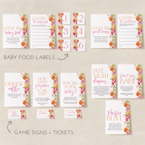 May include: A collection of baby shower game signs and tickets. The signs have a white background with floral and orange accents. Games include "Guess the Baby Food," "Diaper Raffle," and "Pacifier Hunt."