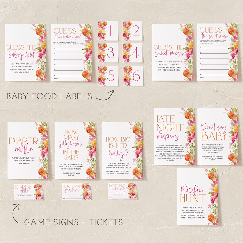 May include: A collection of baby shower game signs and tickets. The signs have a white background with floral and orange accents. Games include "Guess the Baby Food," "Diaper Raffle," and "Pacifier Hunt."