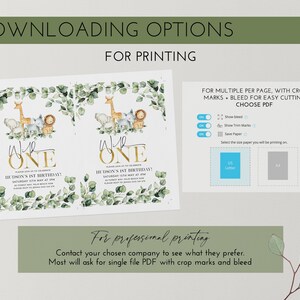May include: Two printable invitations for a first birthday party with a jungle animal theme. The invitations feature a watercolor illustration of a giraffe, lion, elephant, and sheep surrounded by green leaves. The text on the invitations reads "We're One" and "Hudson's 1st Birthday!" with the date and time of the party.