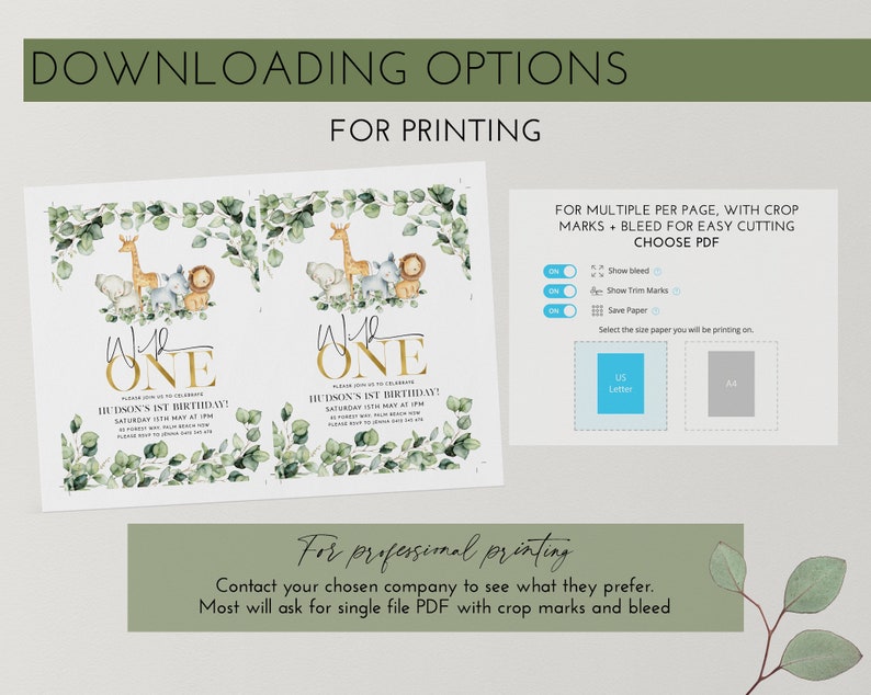May include: Two printable invitations for a first birthday party with a jungle animal theme. The invitations feature a watercolor illustration of a giraffe, lion, elephant, and sheep surrounded by green leaves. The text on the invitations reads "We're One" and "Hudson's 1st Birthday!" with the date and time of the party.