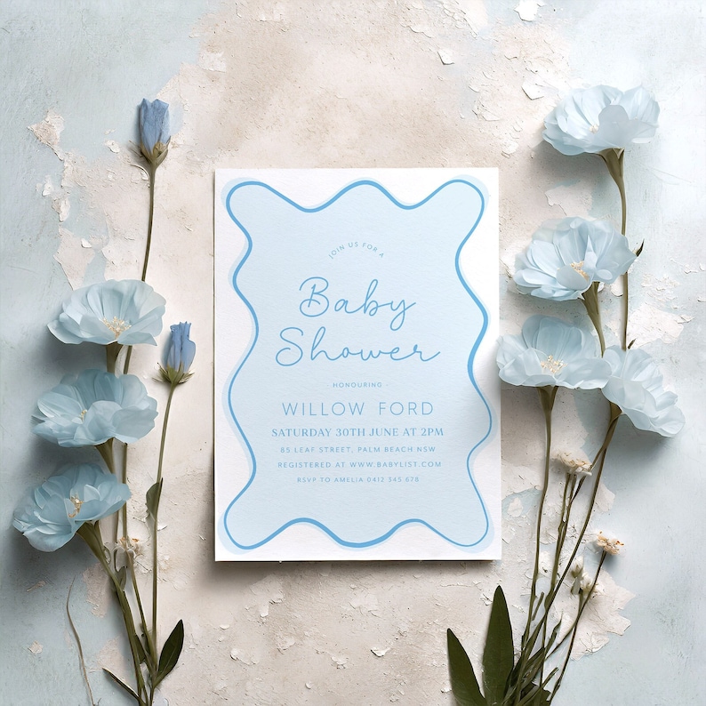 Blue Baby Shower Invitation Boy, Wavy Invitation, Curve Invite, Wave Invitation, Modern Baby Shower, Blue Baby Shower, Baby Boy Shower image 1