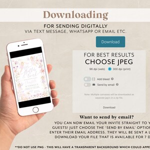 K&ouml;nnte beinhalten: Ein Bildschirm zum digitalen Download f&uuml;r eine druckbare Einladung mit einer Aquarell-Illustration von Feen und Blumen. Die Einladung lautet "It's a matter of time" und "Charlotte wird 1". Der Bildschirm bietet Optionen zum Herunterladen der Einladung im JPEG-Format mit oder ohne Beschnitt und zum Versenden der Einladung per E-Mail.