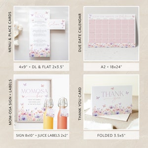May include: A set of printable baby shower party decorations featuring a pink and purple floral design with butterflies. The set includes a menu, place cards, a due date calendar, a mimosa bar sign, juice labels, and a thank you card.