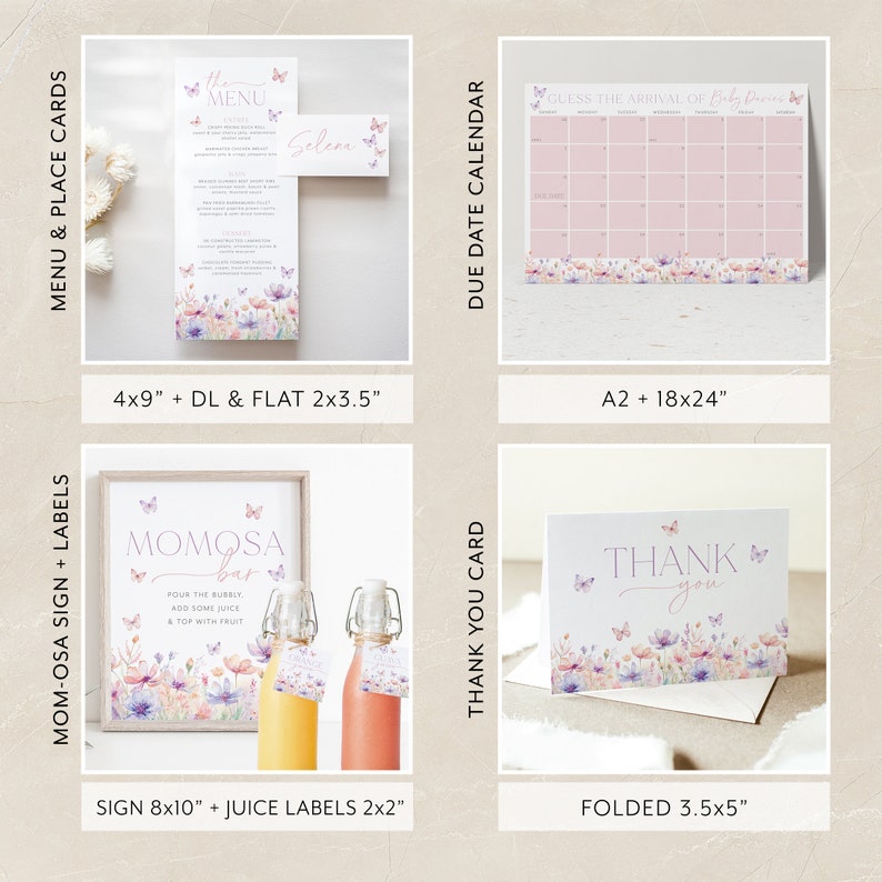 May include: A set of printable baby shower party decorations featuring a pink and purple floral design with butterflies. The set includes a menu, place cards, a due date calendar, a mimosa bar sign, juice labels, and a thank you card.